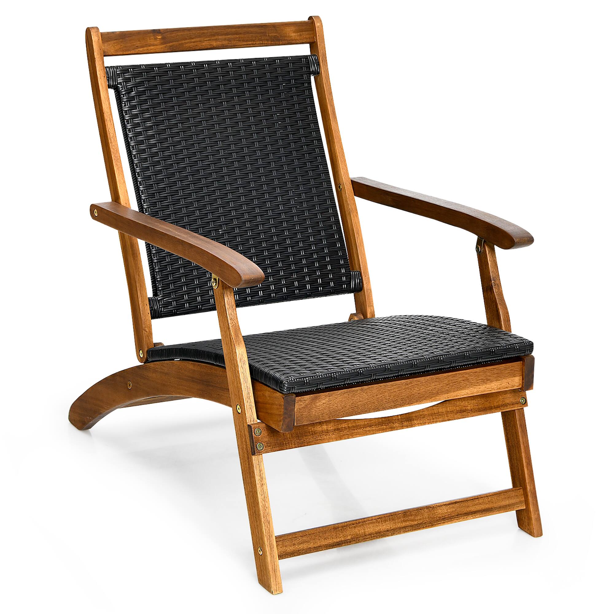 Angle. Costway - Patio Folding Rattan Lounge Chair Wooden Frame W/ Retractable Footrest - Black & Natural.