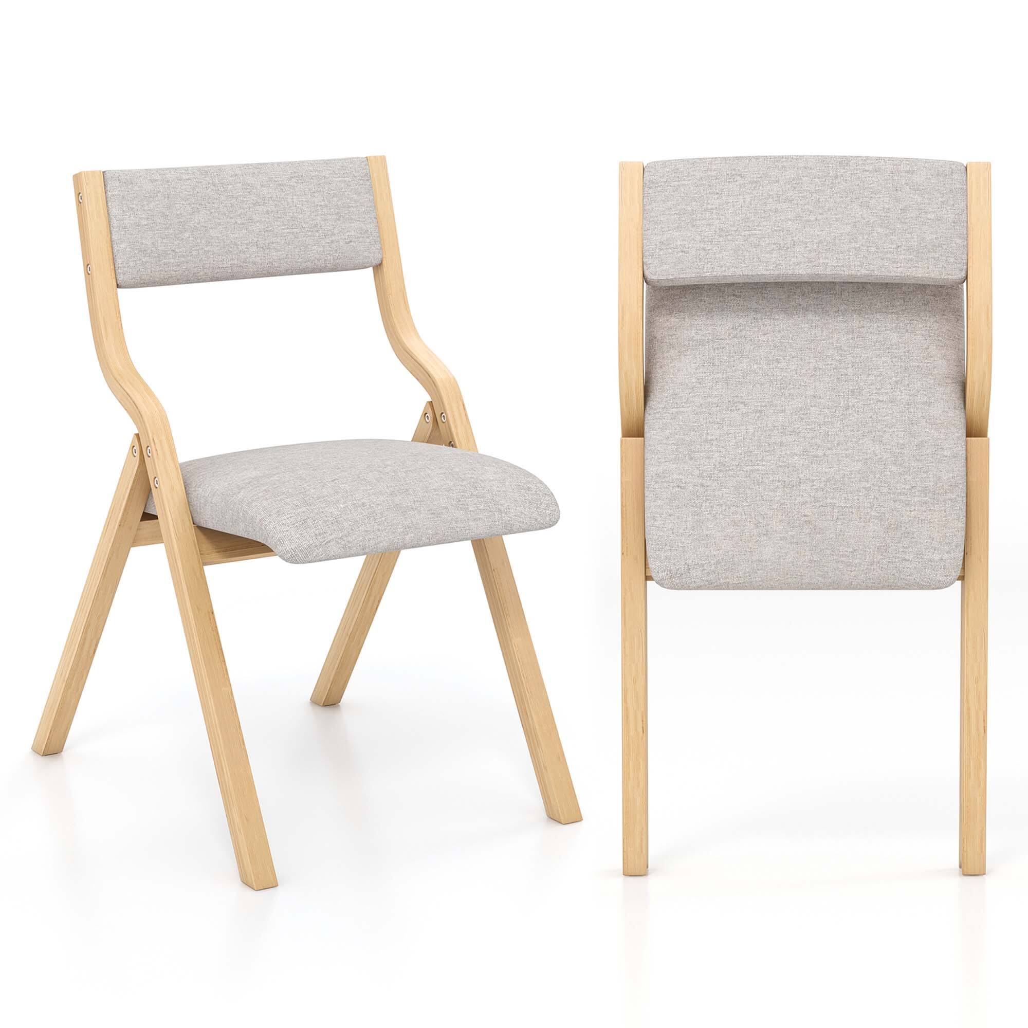 Costway - Folding Dining Chair Set of 2 Wooden Upholstered Modern Linen Fabric Padded Seat - Grey/Natural