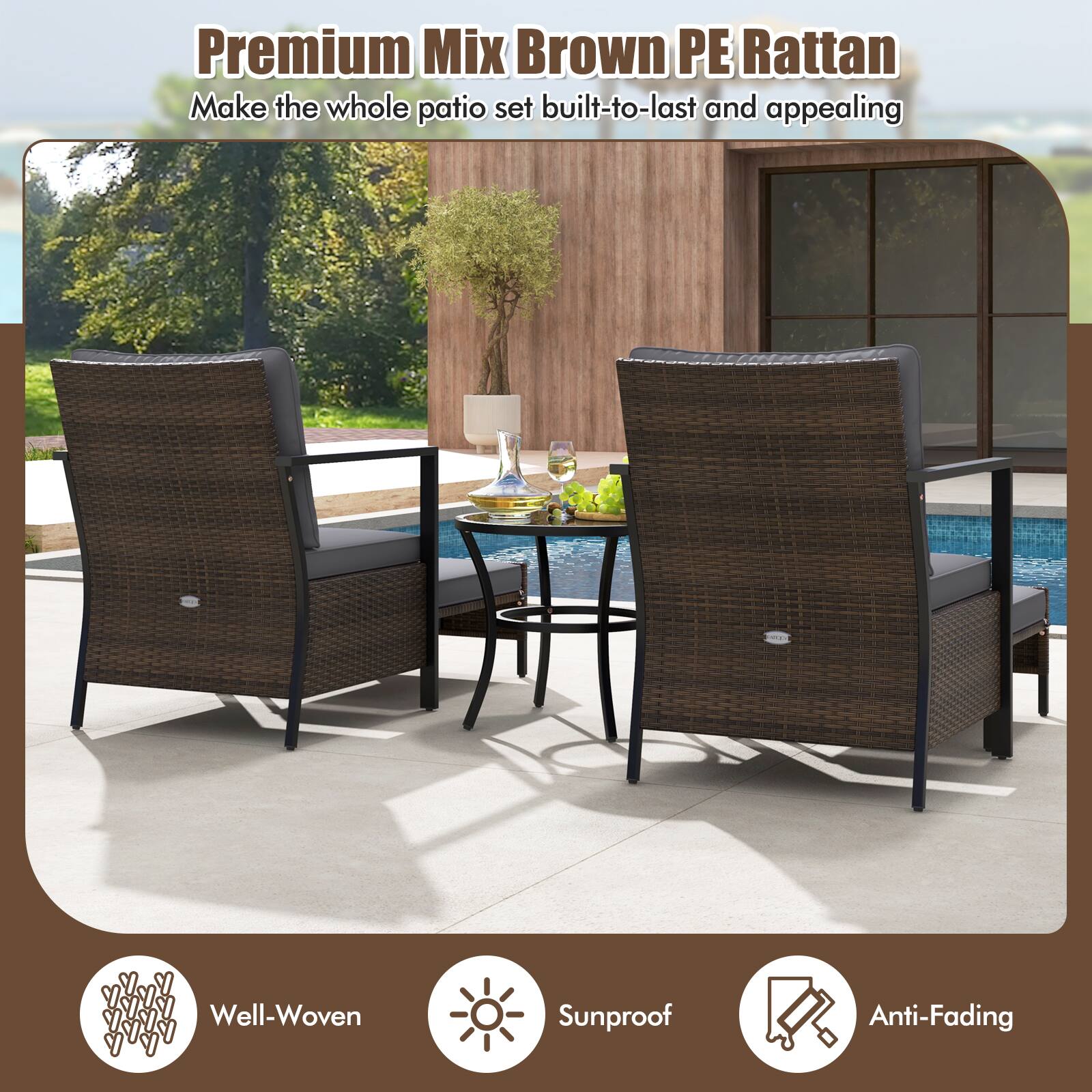 Premium Mix Brown PE Rattan: Make the whole patio set built-to-last and appealing. Well-Woven, Sunproof, Anti-Fading.