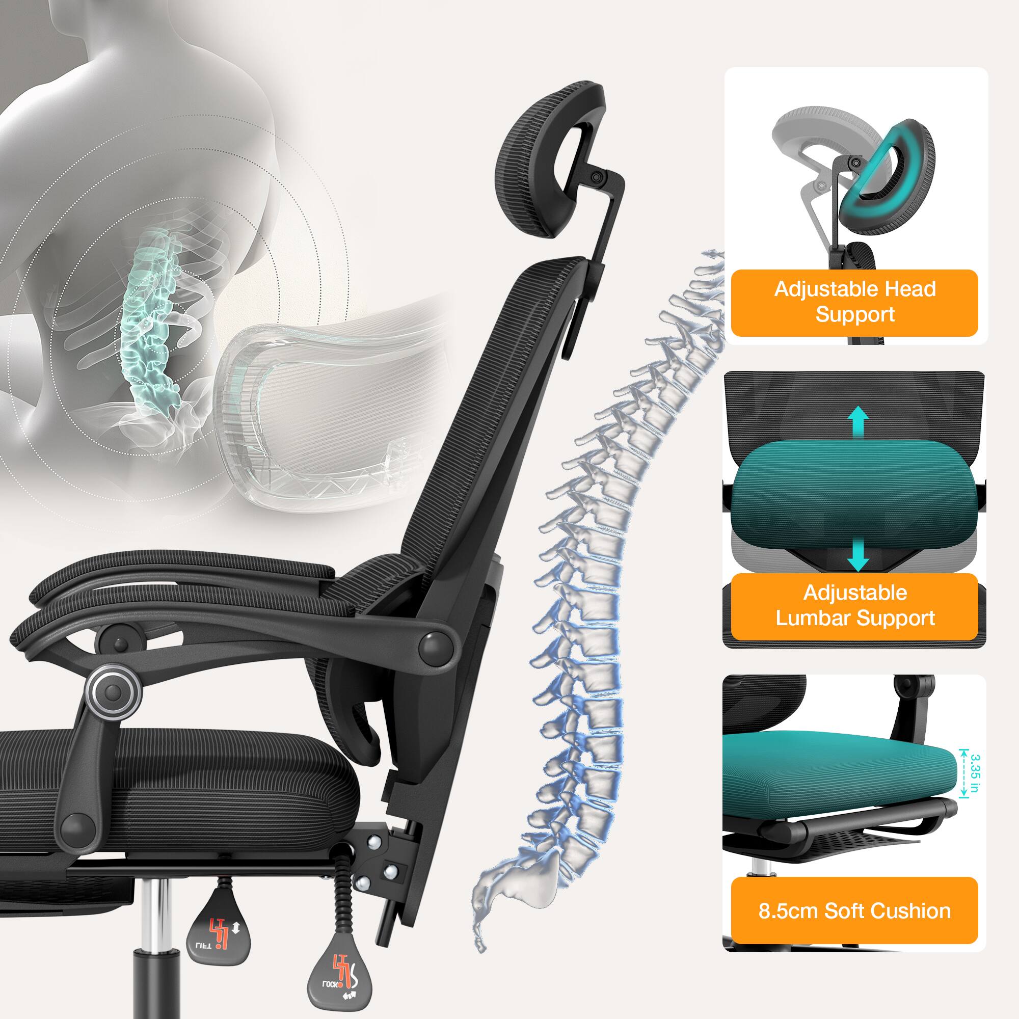 Adjustable Head Support  
Adjustable Lumbar Support  
T 3.35 in  
8.5cm Soft Cushion