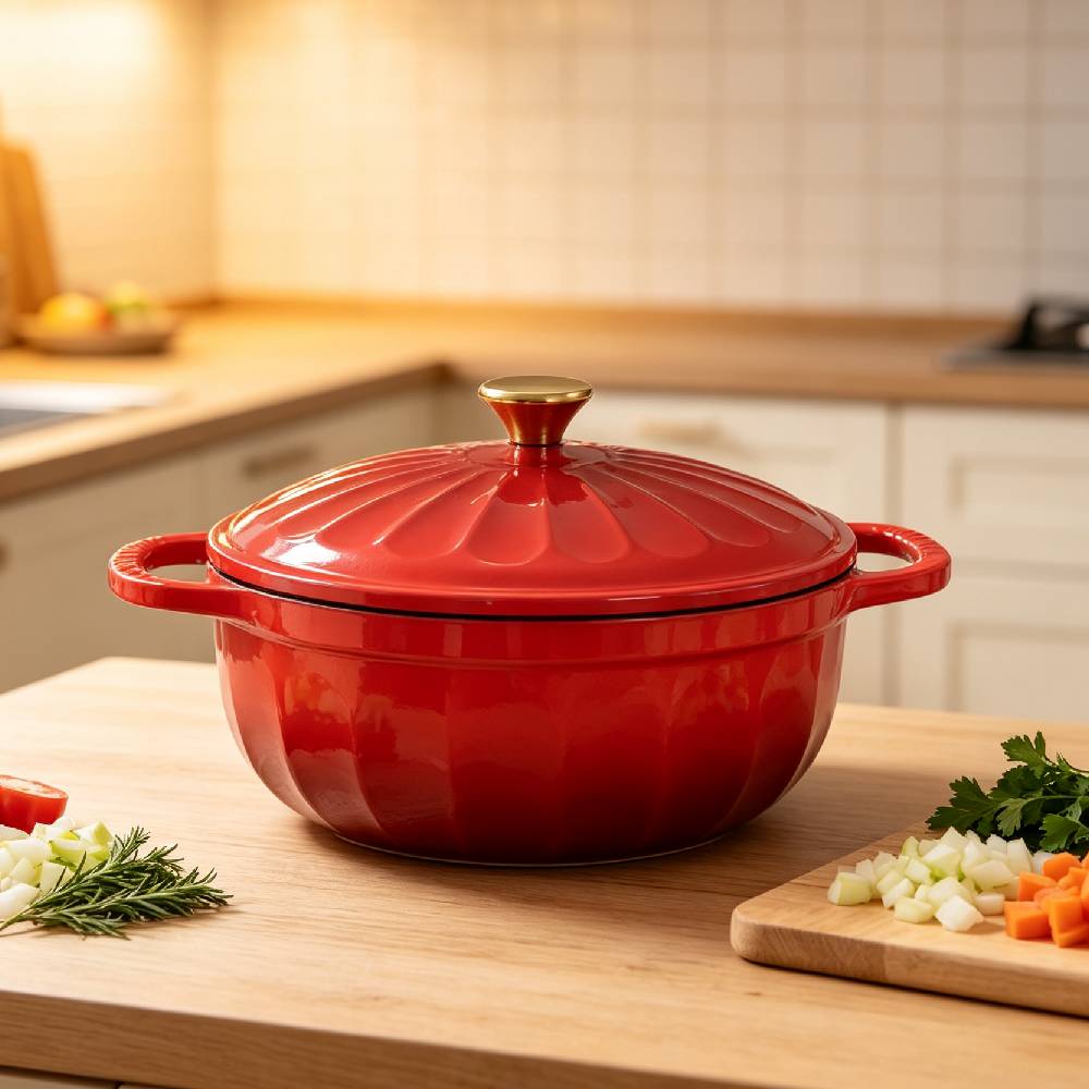 Alt View 6. Winado - 5 QT Enameled Cast Iron Dutch Oven with Gradient Petal Texture,Heat-Resistant Gloves, Pot Mat for Bread Baking, Roasting - Red.