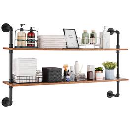 VEVOR - Industrial Pipe Shelf, 2 Tier 48x 9.84in, Wall-Mount Floating Rustic Wood Shelves Bracket Display Bookshelf - black + vintage color