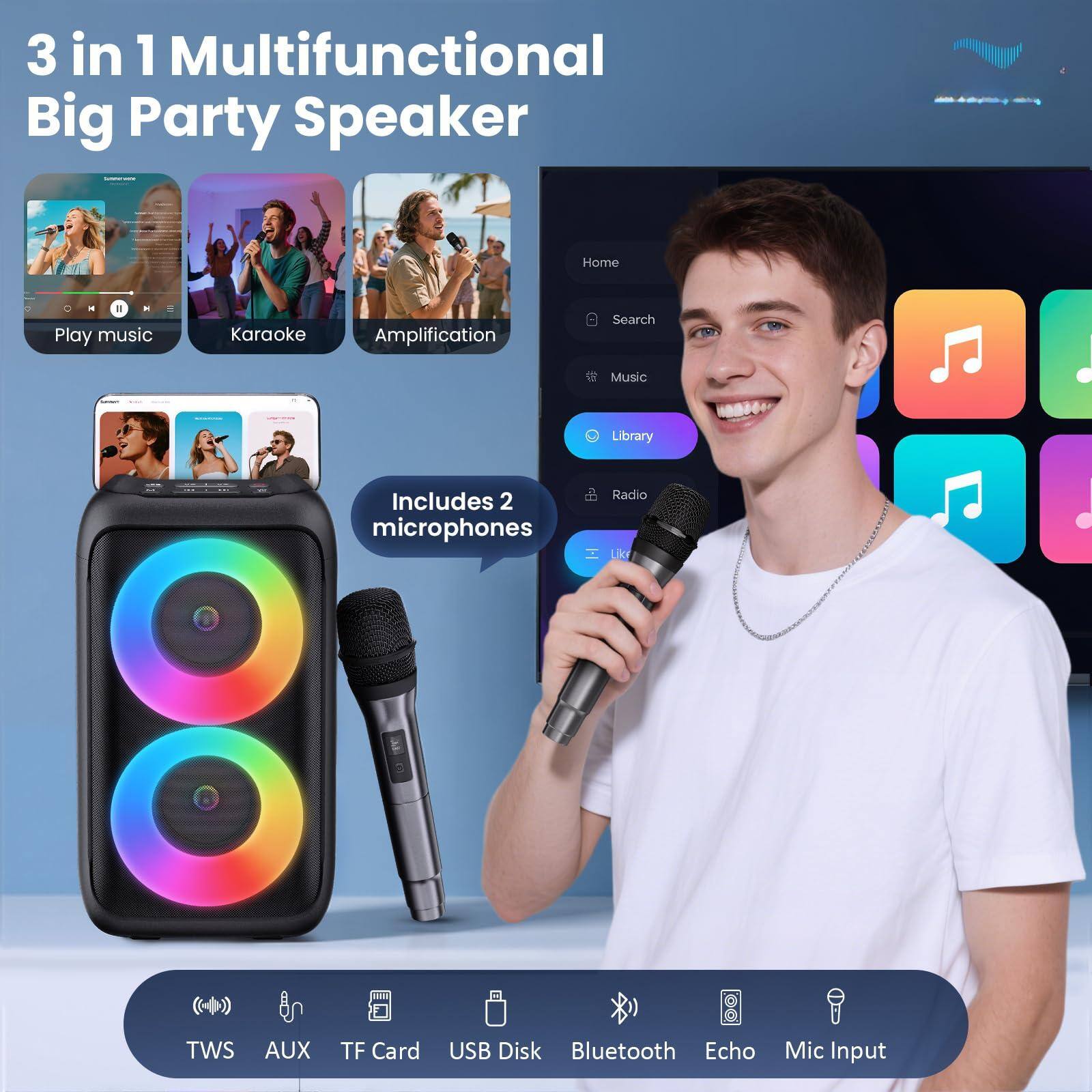 3 in 1 Multifunctional Big Party Speaker

- Play music
- Karaoke
- Amplification

Includes 2 microphones

- TWS
- AUX
- TF Card
- USB Disk
- Bluetooth
- Echo
- Mic Input