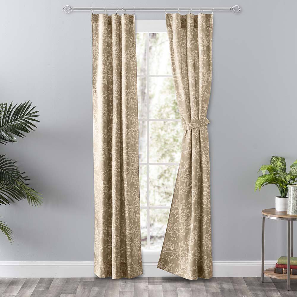 Angle. Ellis Curtain - Ellis Curtain Lexington Leaf Pattern on Colored Ground Curtain Pair with Ties 56"x84" Tan - Tan.