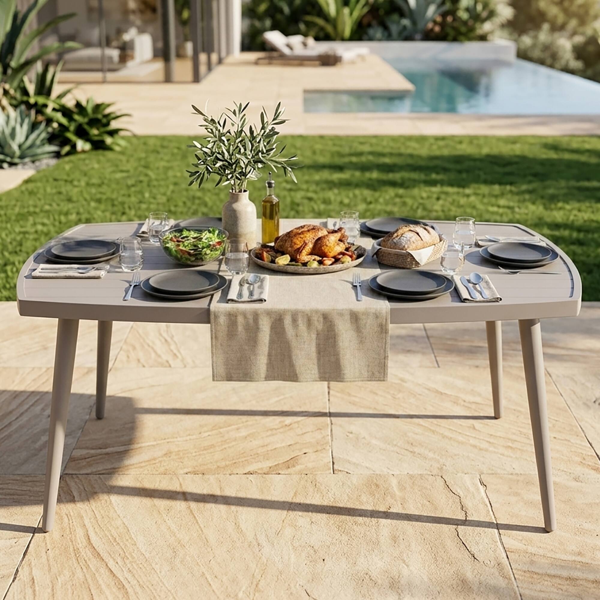 Back. Nuu Garden - Outdoor Aluminum Dining Table with 2.76" Umbrella Hole - Beige.