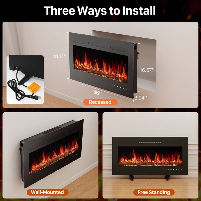 Three Ways to Install

- Recessed
  - 18.11" (height)
  - 16.57" (width)
  - 3.94" (depth)
  - 36" (overall width)

- Wall-Mounted

- Free Standing