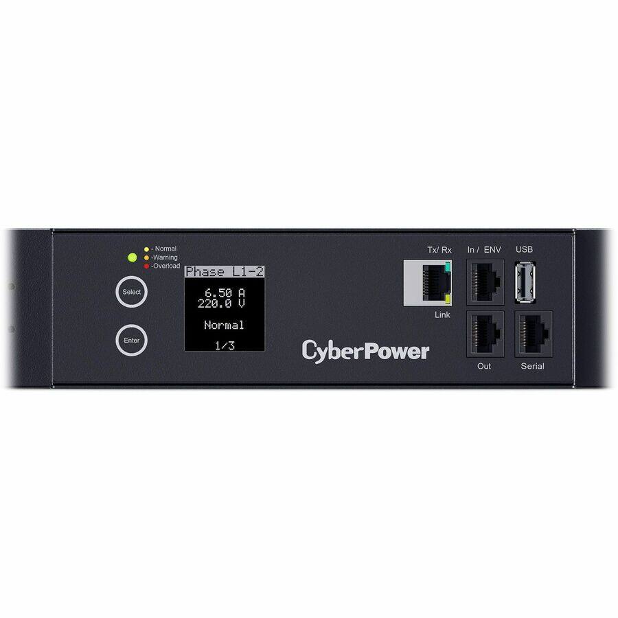 Normal - Warning - Overload  
Phase L1-2  
6.50 A 220.0 V  
Normal 1/3  

Tx/ Rx  
In/ ENV  
USB  
Select Enter  

CyberPower  
Link  
Out  
Serial