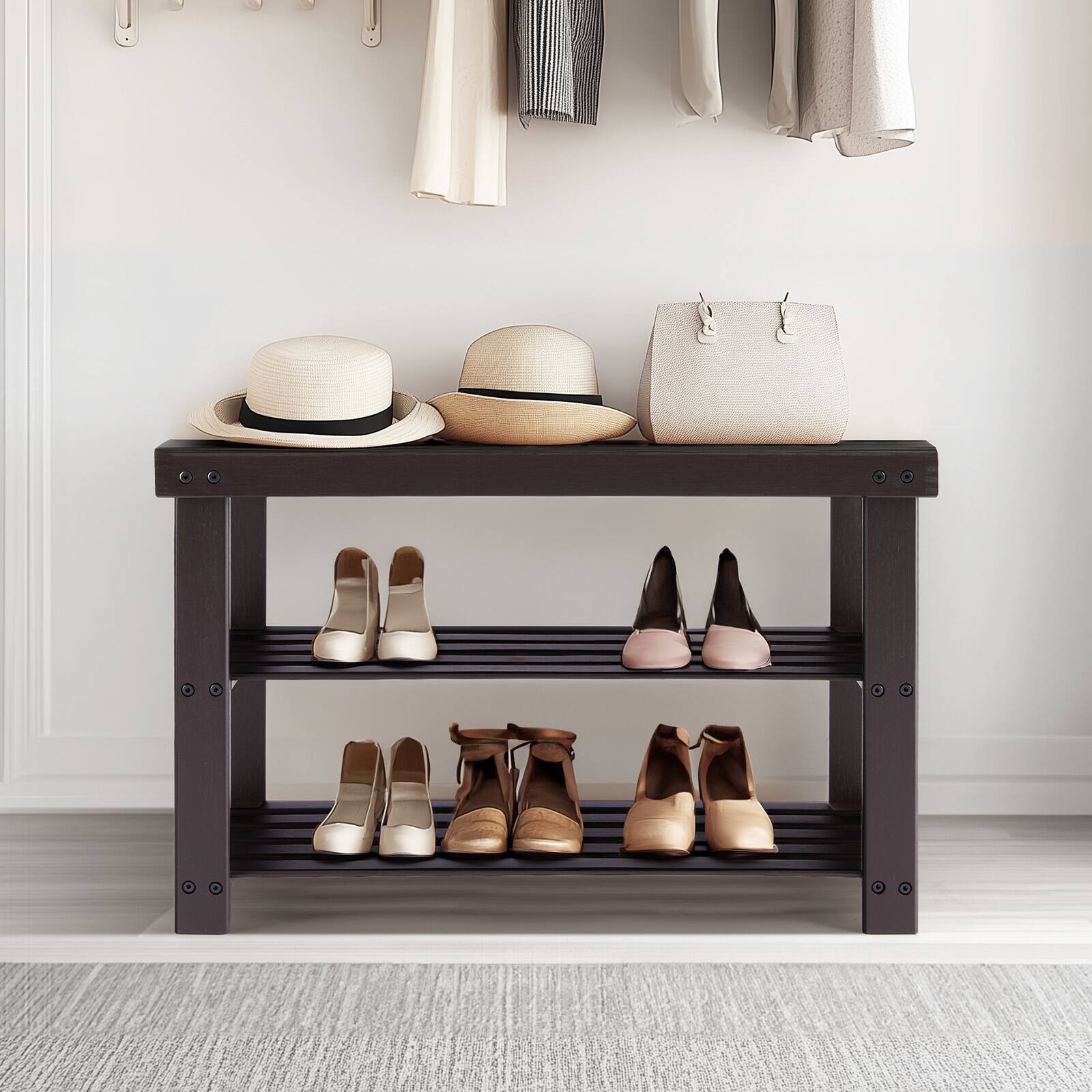 Left. Bestier - 3-Tier Bamboo Shoe Rack Bench, Compact Storage Organizer, 286lb Capacity, Suitable for Entryway Bedroom Living Room - Brown.
