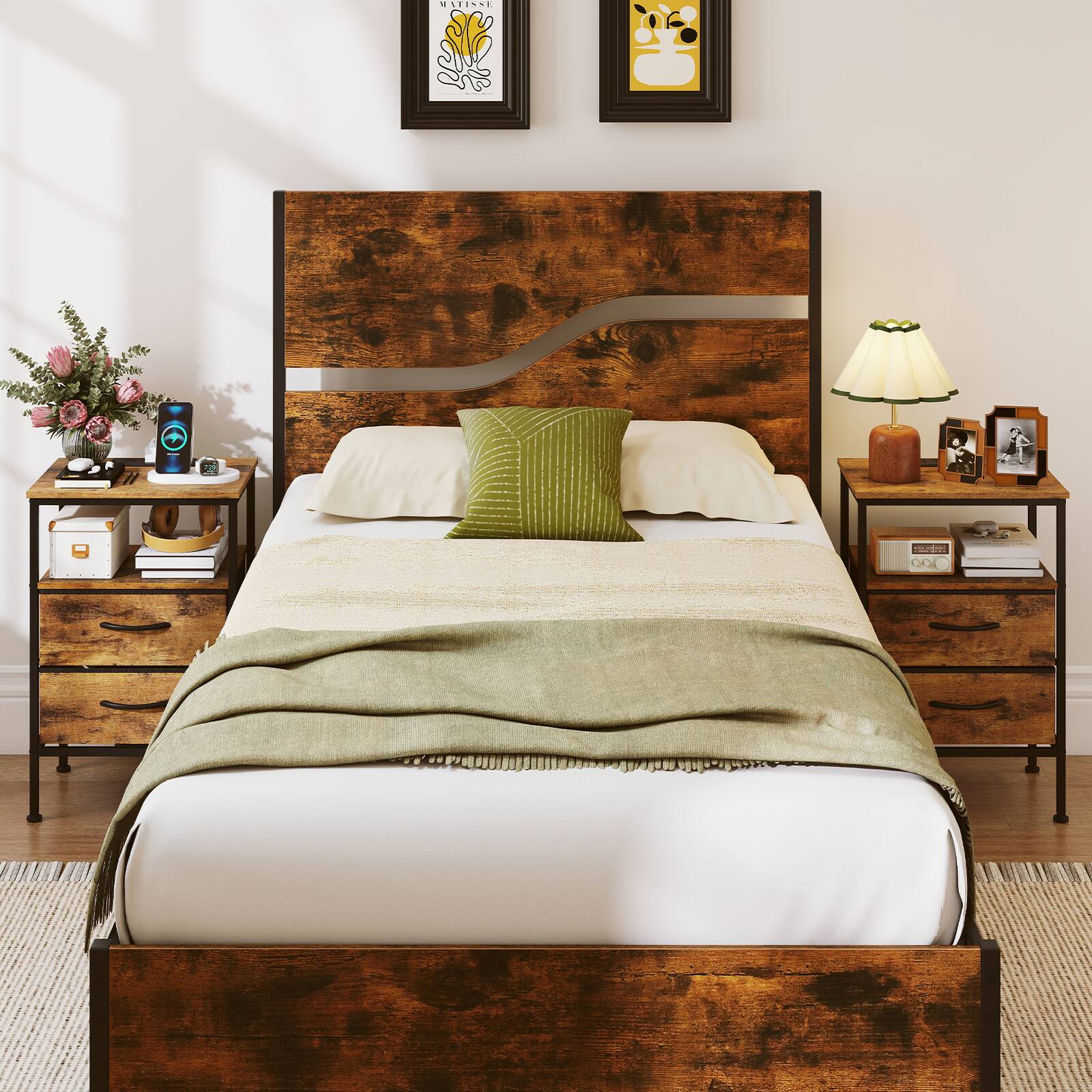 Alt View 1. Costway - Costway 2 Pcs Nightstand with Charging Station, 24.5" Modern Bedside Table with 2 Fabric Drawers - Brown 2 Drawers.