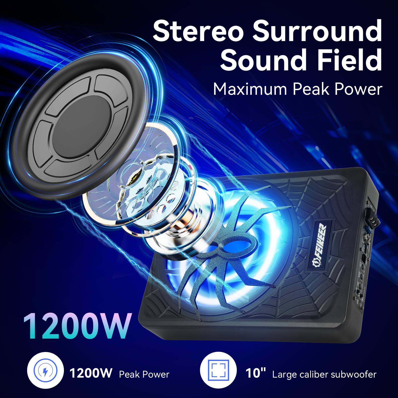 Stereo Surround Sound Field  
Maximum Peak Power  

1200W  
1200W Peak Power  

10" Large caliber subwoofer