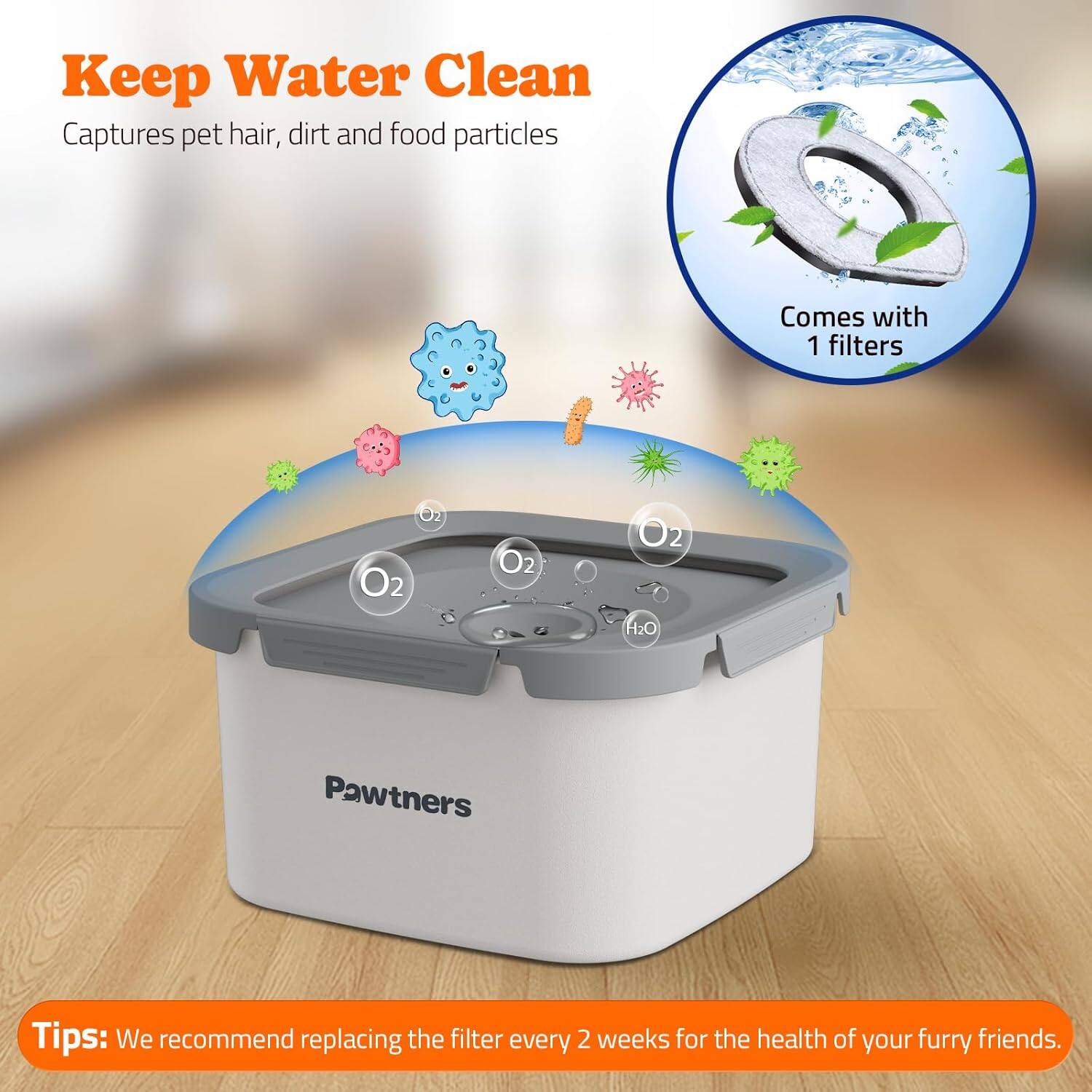 Keep Water Clean  
Captures pet hair, dirt and food particles  

Comes with 1 filters  

Tips: We recommend replacing the filter every 2 weeks for the health of your furry friends.