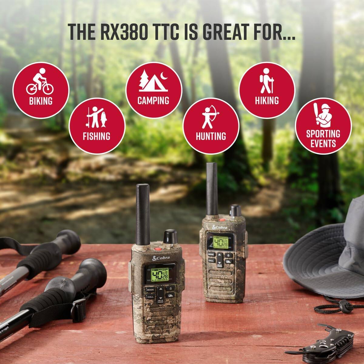 THE RX380 TTC IS GREAT FOR...
BIKING
CAMPING
HIKING
FISHING
HUNTING
SPORTING EVENTS

Cobra un U Cobra e 40 IU 28 - CALL otinm_oc