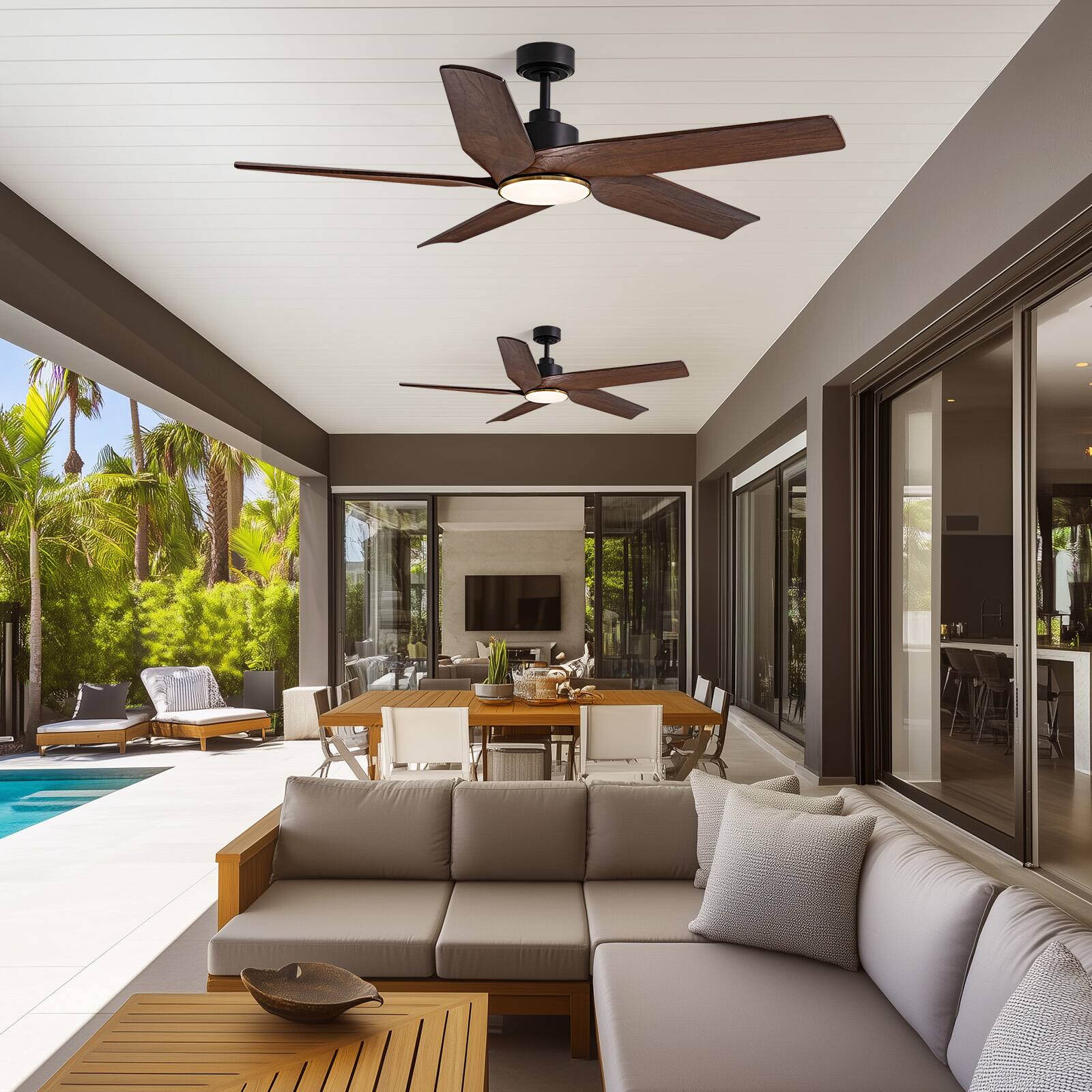 Left. Siljoy - 60 Inch Walnut Wood Ceiling Fan with Lights, 6-Speed Reversible DC Motor for Living Room/Farmhouse/Patio - Wood.