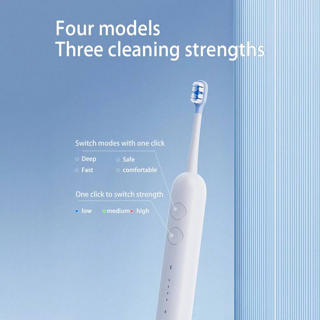 Four models  
Three cleaning strengths  

Switch modes with one click  
- Deep  
- Fast  
- Safe  
- Comfortable  

One click to switch strength  
- Low  
- Medium  
- High