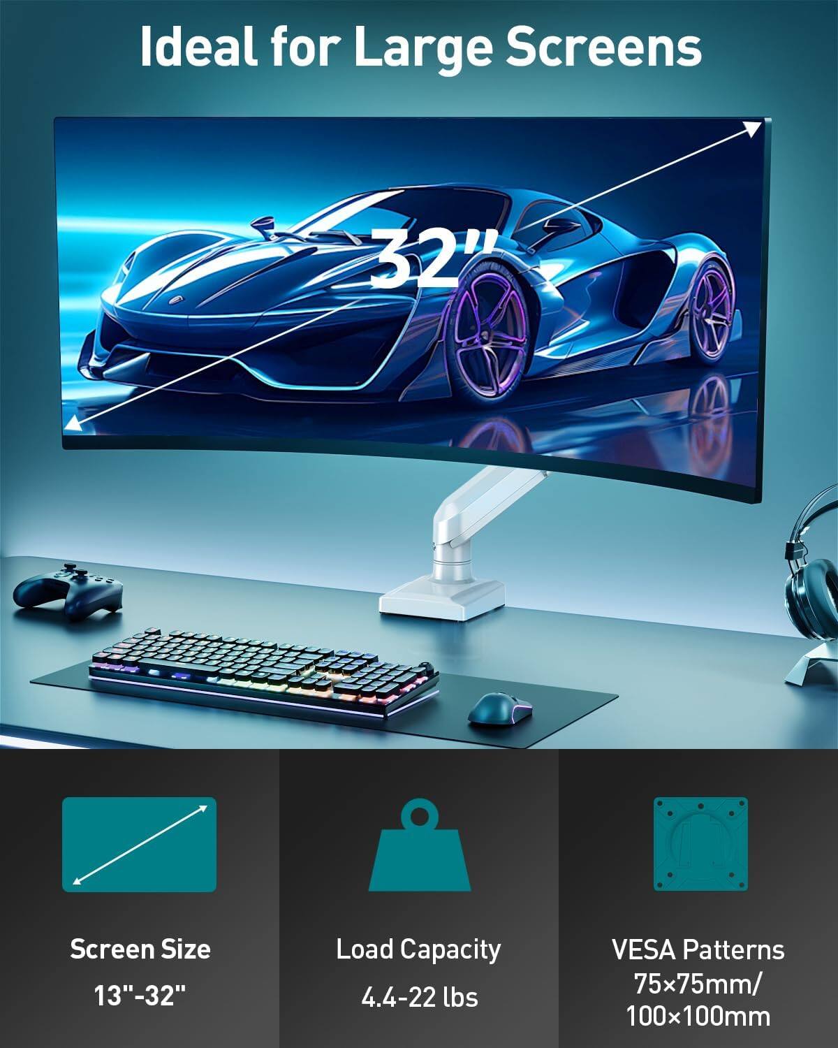 Ideal for Large Screens

32" Screen Size

13"-32" Load Capacity

4.4-22 lbs

VESA Patterns

75x75mm/ 100x100mm