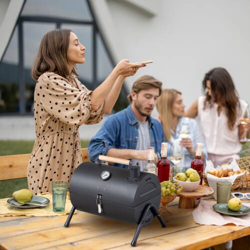 Alt View 5. Winado - 15in Portable Tabletop Barbecue Grill with Thermometer, Wooden Handle for Outdoor Camping BBQ Backyard Party Cooking - Black.