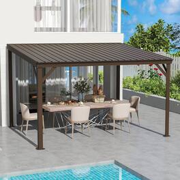 Mondawe - 10x12FT Lean to Gazebo Hardtop,Expandable Wall Mounted Pergola,Gutters & Galvanized Steel Roof - Brown