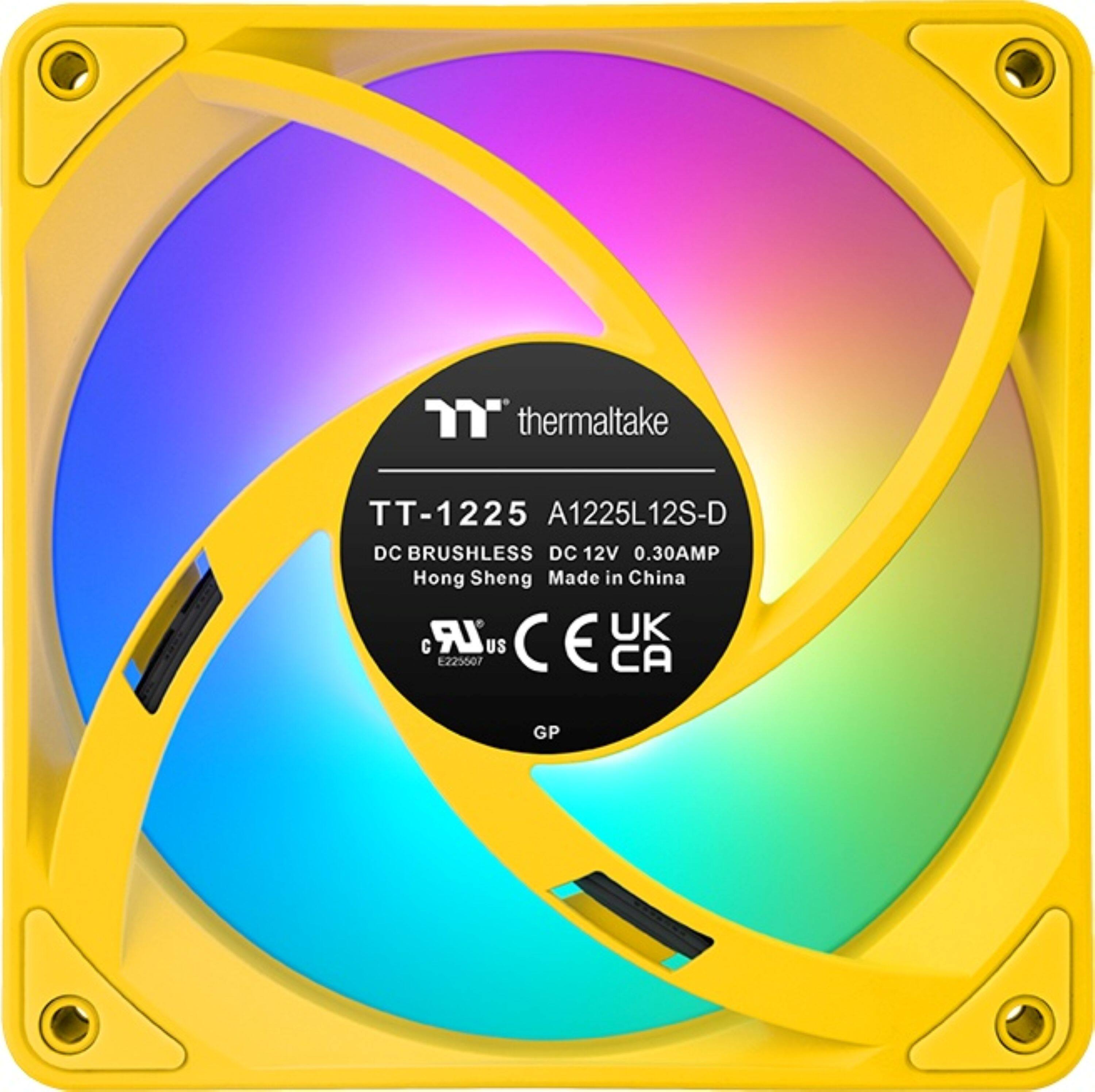 The text on the image reads: "thermaltake TT-1225 A1225L12S-D DC BRUSHLESS DC 12V 0.30AMP Hong Sheng Made in China LR UK C E225007 US C E CA GP."