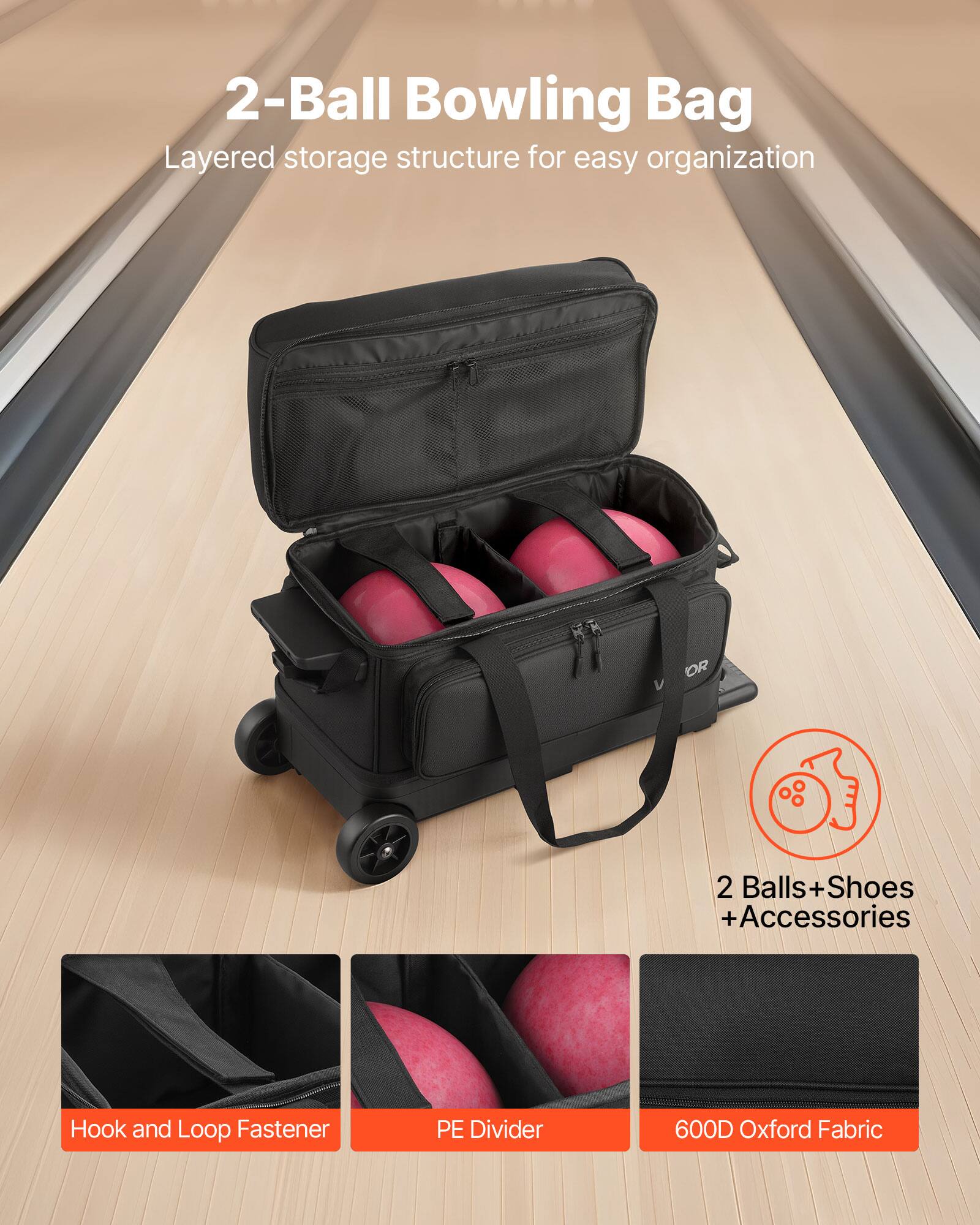 2-Ball Bowling Bag: Layered storage structure for easy organization. Features:

- 2 Balls + Shoes + Accessories
- Hook and Loop Fastener
- PE Divider
- 600D Oxford Fabric