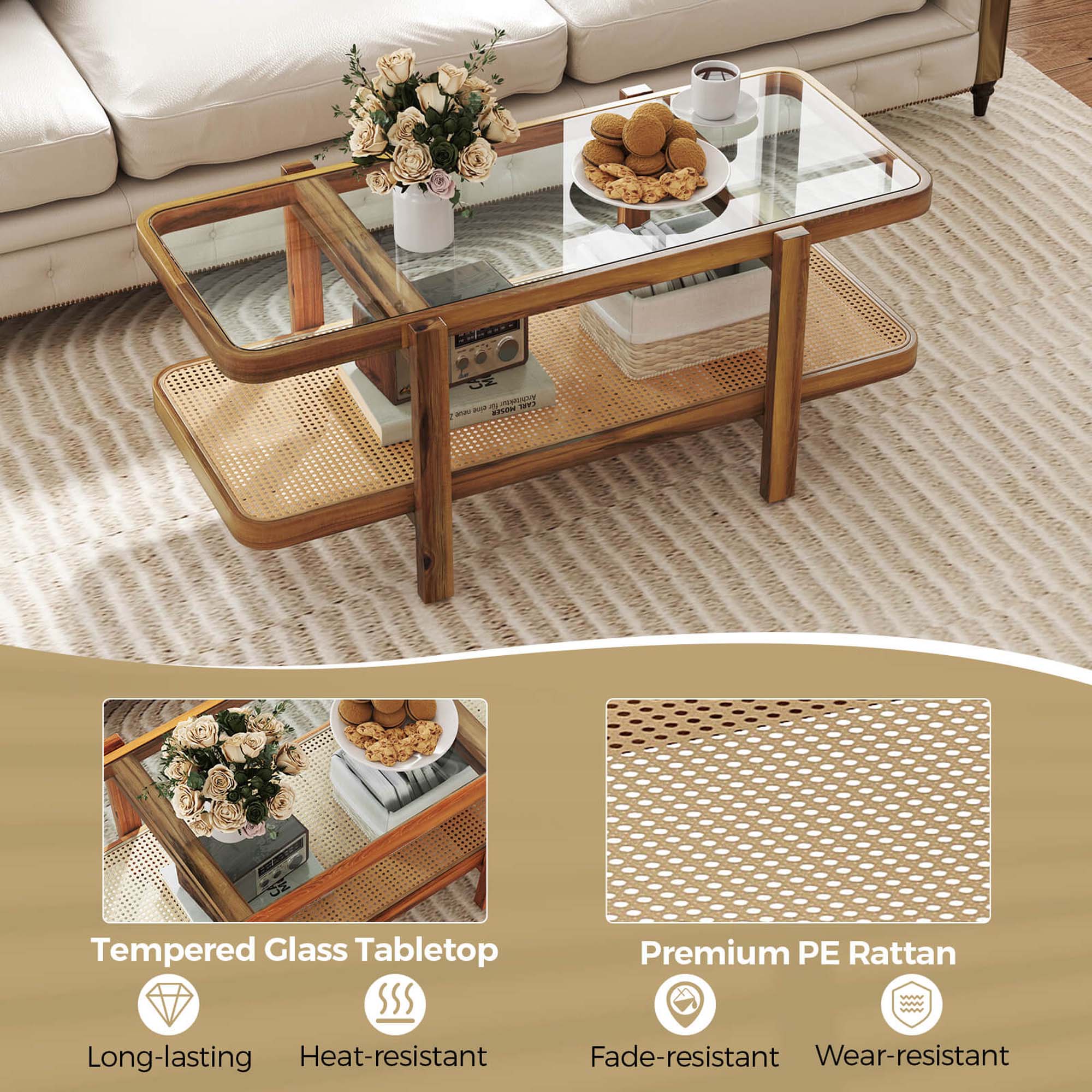 Tempered Glass Tabletop Premium PE Rattan Long-lasting Heat-resistant Fade-resistant Wear-resistant