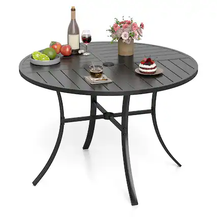 Front. Gymax - Gymax Patio Dining Table 42.5'' Round Metal Slat Table w/ Umbrella Hole Outdoor - Black.