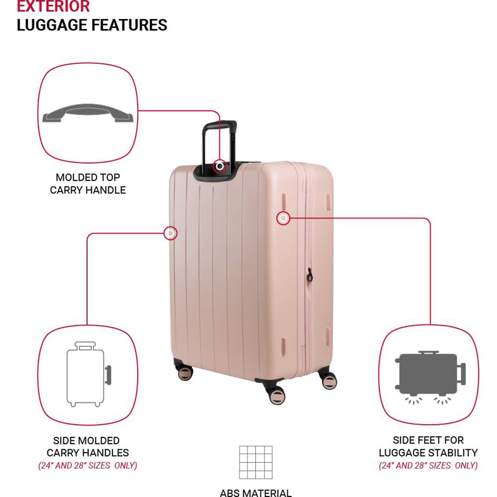 EXTERIOR LUGGAGE FEATURES

- MOLDED TOP CARRY HANDLE
- SIDE MOLDED CARRY HANDLES (24" AND 28" SIZES ONLY)
- SIDE FEET FOR LUGGAGE STABILITY (24" AND 28" SIZES ONLY)
- ABS MATERIAL