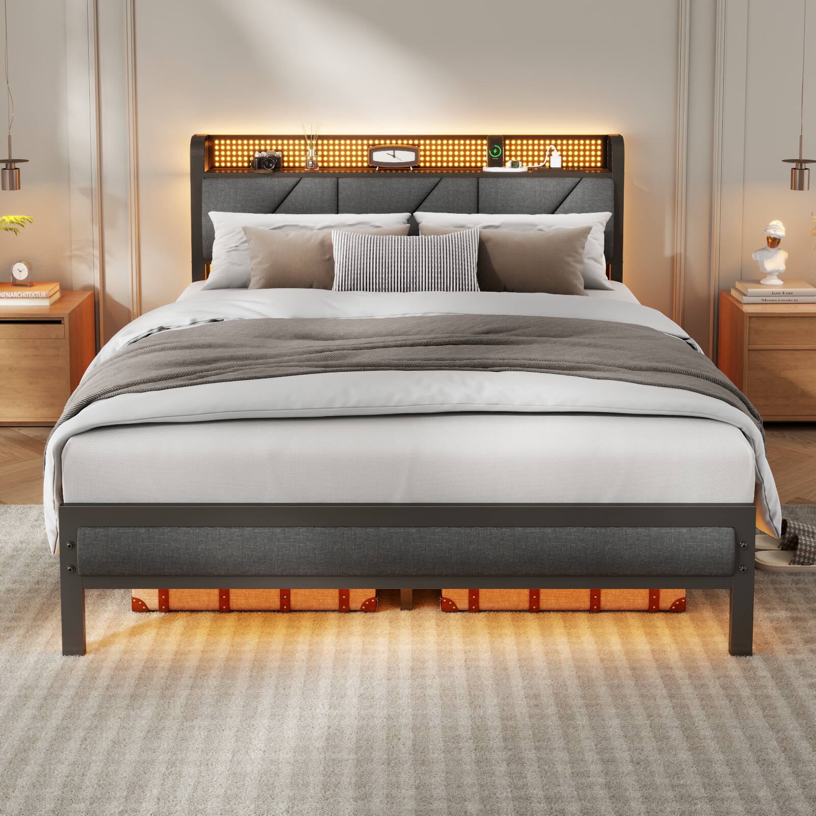 Furnulem - Queen Upholstered Bed Frame with LED Lights, Headboard with Charging Station - Brown price history on PriceWatchPro