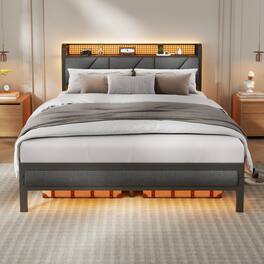 Furnulem - Queen Upholstered Bed Frame with LED Lights, Headboard with Charging Station - Brown