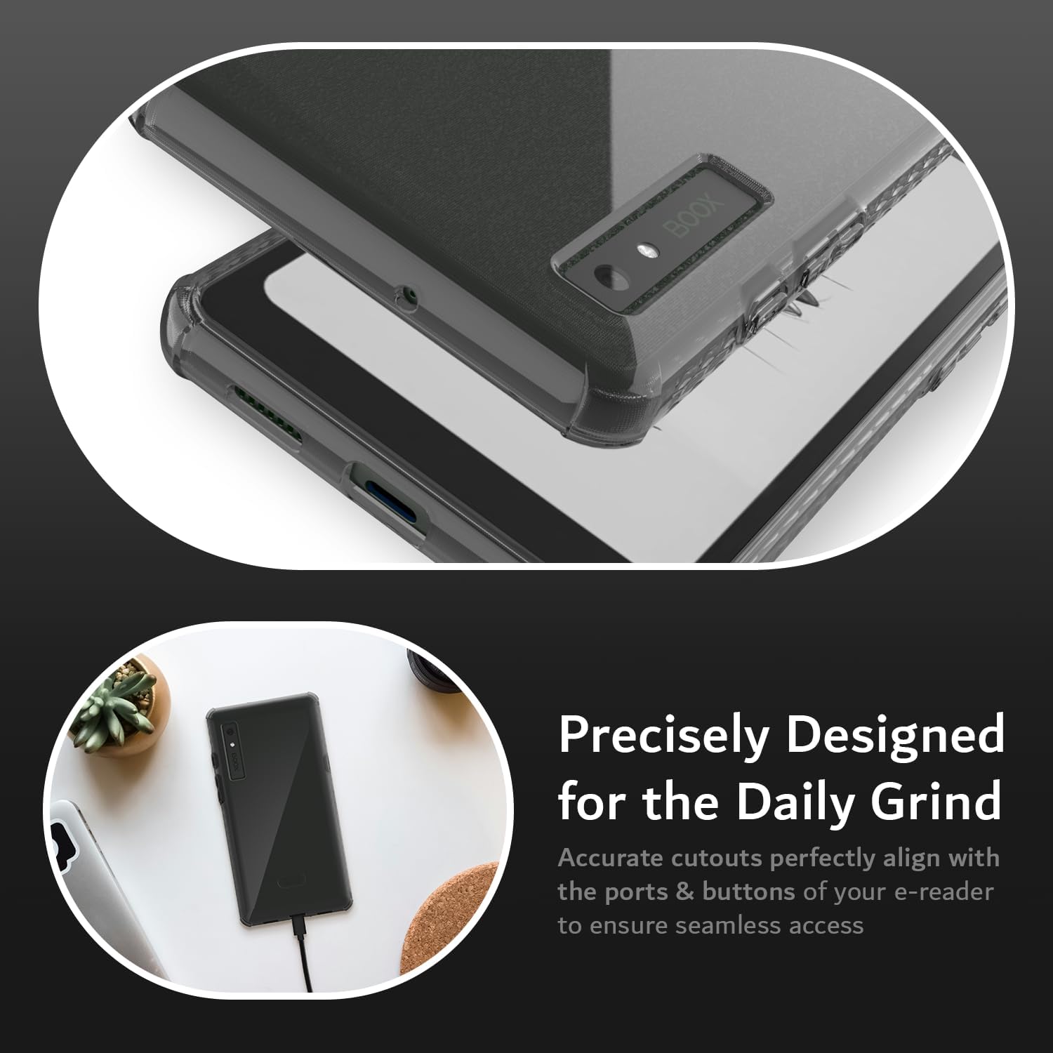 Precisely Designed for the Daily Grind  
Accurate cutouts perfectly align with the ports & buttons of your e-reader to ensure seamless access