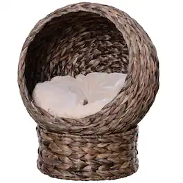 Pawhut - Handwoven Elevated Cat Bed, Soft Cushion, Cat Egg Chair Shape, with Stand, Raised Wicker, Indoor, 23.5" H