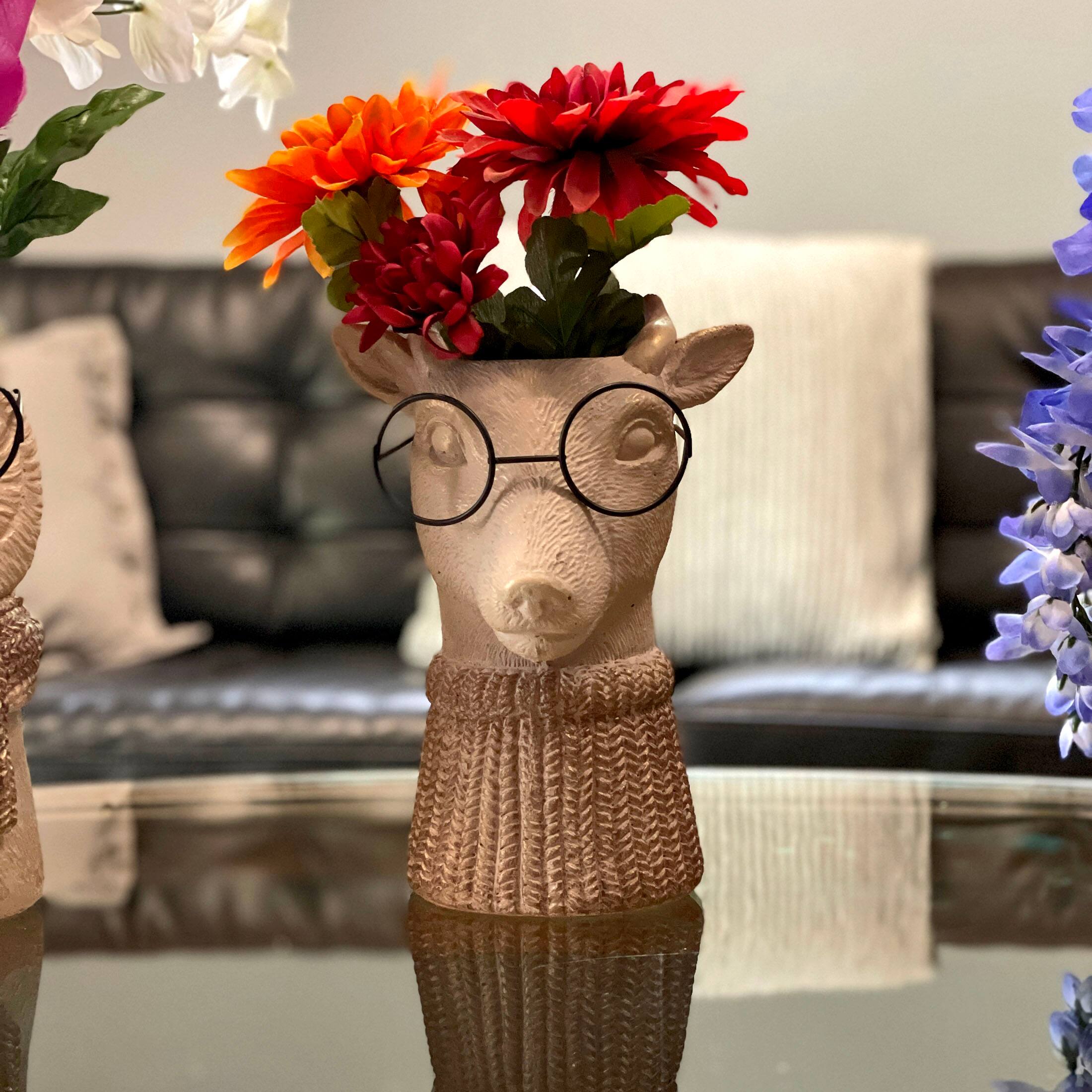 Alt View 4. Things2Die4 - Bespectacled Deer Cement Vase 8.7" Gold Accents Knit Scarf Real Wire Glasses - Taupe.
