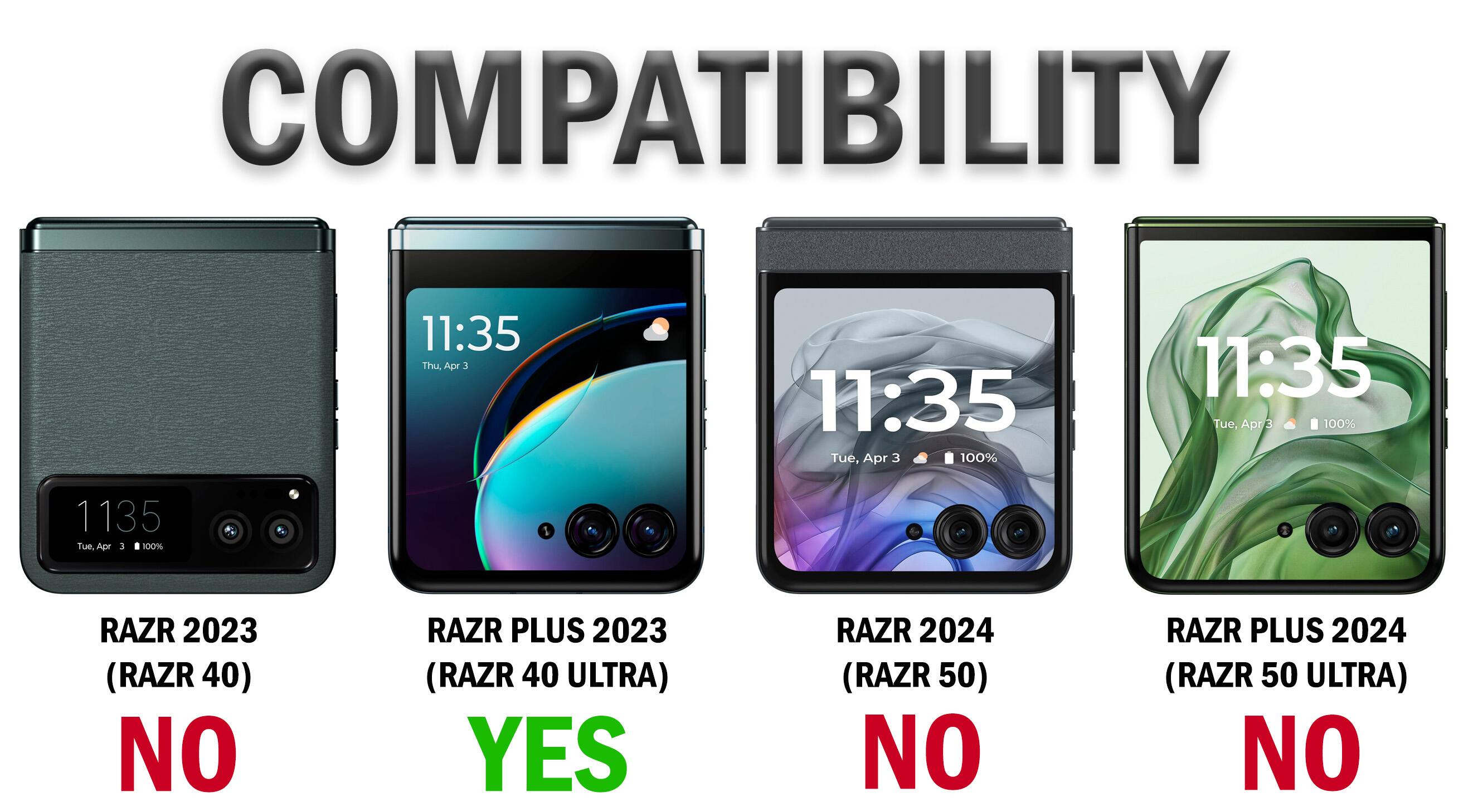 COMPATIBILITY

11:35 Thu, Apr 3 100%  
11:35 Tue, Apr 3 100%  
11:35 Tue, Apr 1 10%  

RAZR 2023 (RAZR 40) NO  
RAZR PLUS 2023 (RAZR 40 ULTRA) YES  
RAZR 2024 (RAZR 50) NO  
RAZR PLUS 2024 (RAZR 50 ULTRA) NO