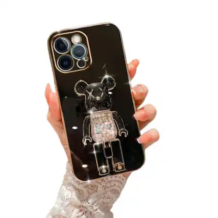 Front. Stock Preferred - iPhone 14 Cute Candy Bear Stand Shockproof Case – TPU Protective Cover - Black.