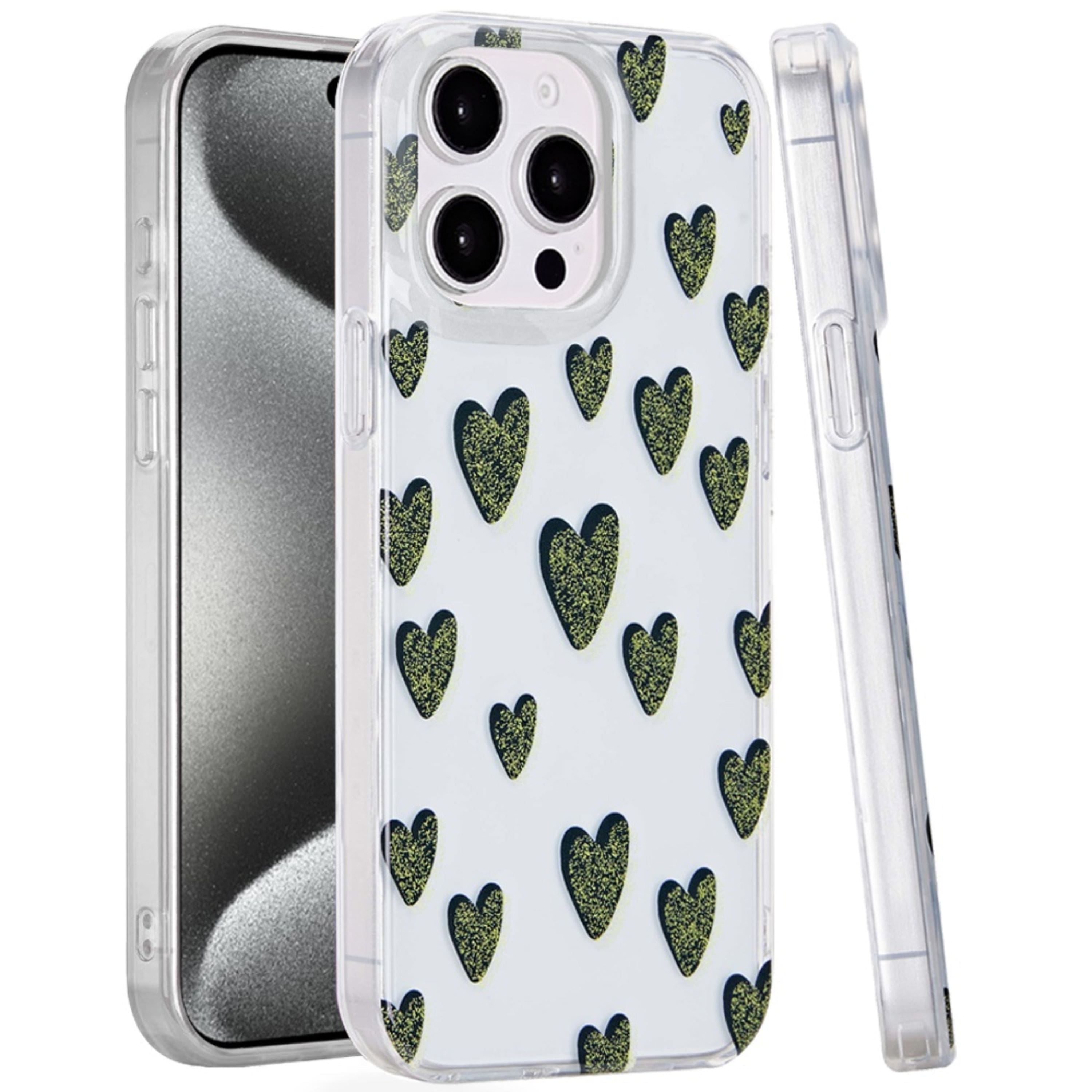 Kitcheniva - Dual Layer TPU Protective Case With Tempered Glass For iPhone 15 Pro Max Black Hearts - Multicolor