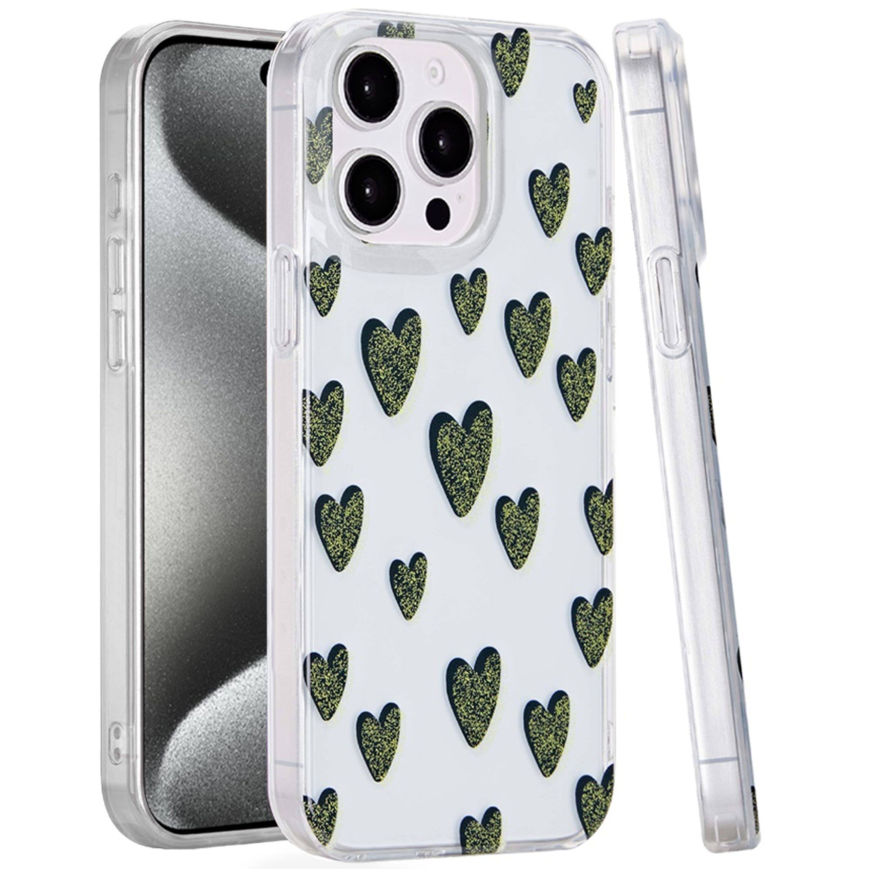 Front. Kitcheniva - Dual Layer TPU Protective Case With Tempered Glass For iPhone 15 Pro Max Black Hearts - Multicolor.