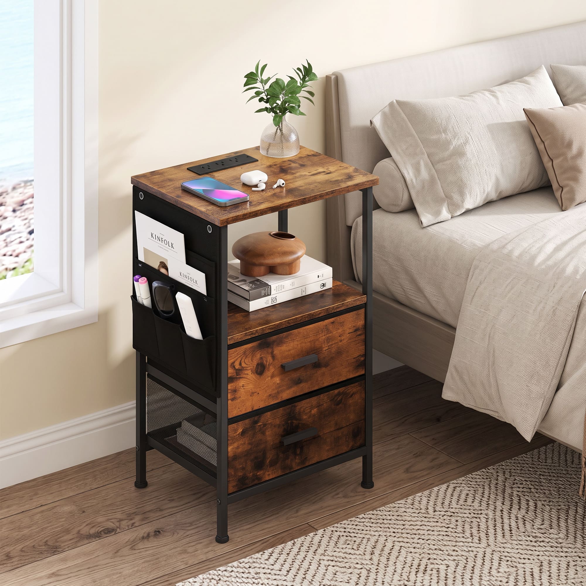 WELLFOR - Set of 2 Nightstands with Charging Station and 2 Folding Fabric Drawers - Rustic Brown and Black