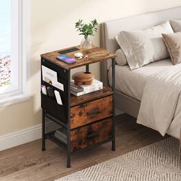 WELLFOR - Set of 2 Nightstands with Charging Station and 2 Folding Fabric Drawers - Rustic Brown and Black