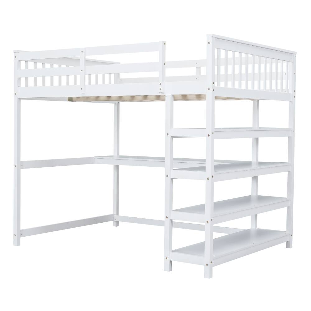 Alt View 3. Loheer - Loheer Full Size Loft Bed with Desk and Storage Shelves, White Solid Wood Space Saving Bed Frame - White.