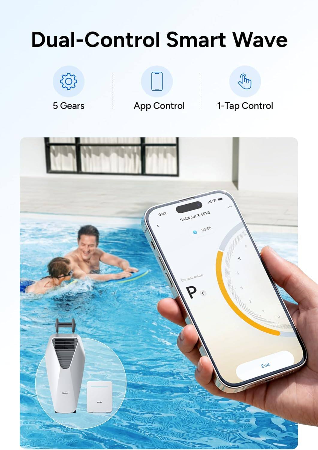 Dual-Control Smart Wave  
5 Gears  
App Control  
1-Tap Control  

JetX-6993  
Swim Jet  

Current mode: P  
End