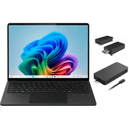 Front. Microsoft - Microsoft Surface Copilot+ PC + Surface Thunderbolt 4 Dock + USB-C to USB 3.0 Adapter - Graphite.