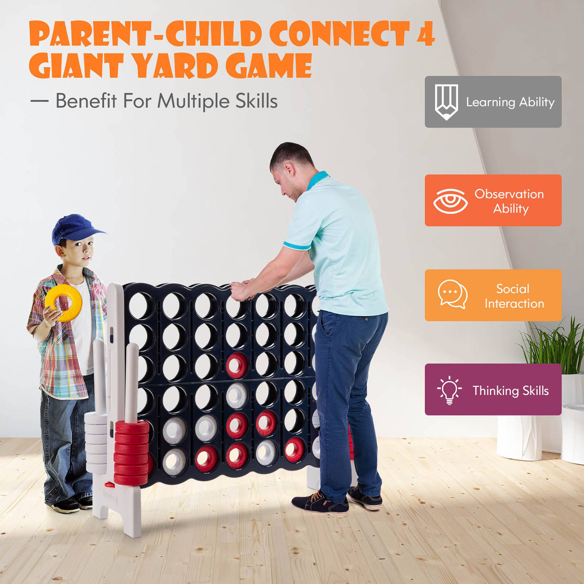 PARENT-CHILD CONNECT 4 GIANT YARD GAME  
— Benefit For Multiple Skills  

- Learning Ability  
- Observation Ability  
- Social Interaction  
- Thinking Skills