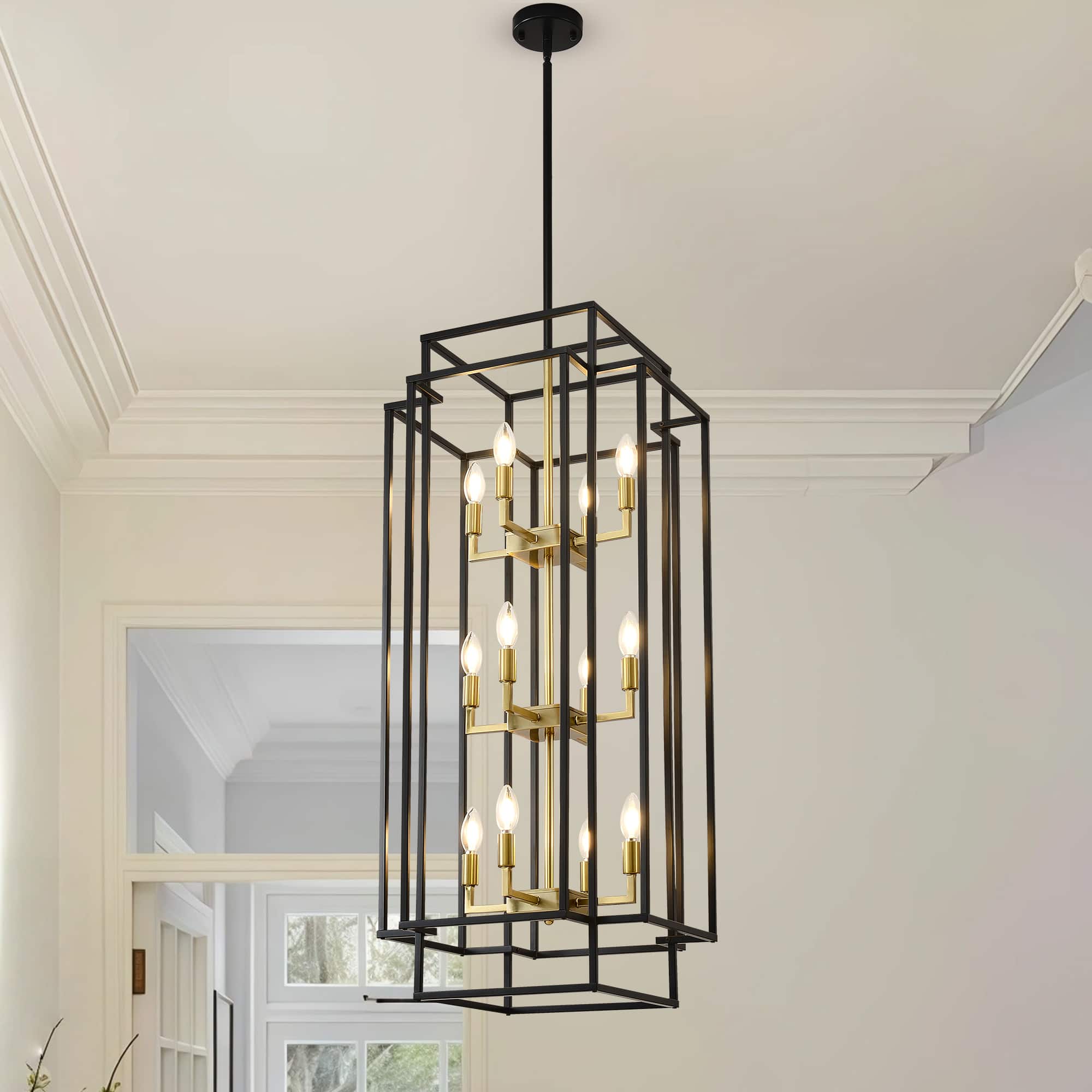 RYHNUYNE - 12-Light Lantern Tiered Pendant Light Fixtures, Farmhouse Chandelier for Kitchen Island,Dining Room Light Fixture O - Black