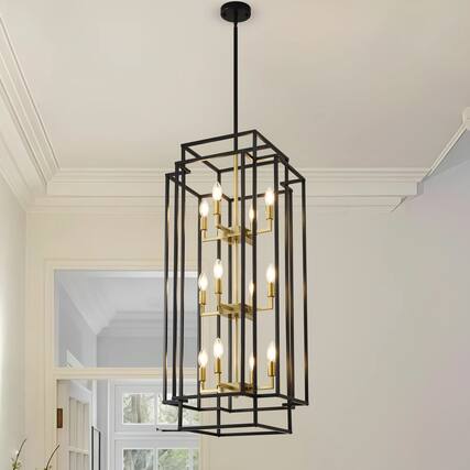 Front. RYHNUYNE - 12-Light Lantern Tiered Pendant Light Fixtures,Black Farmhouse Chandelier for Kitchen Island,Dining Room Light Fixture O - Black.