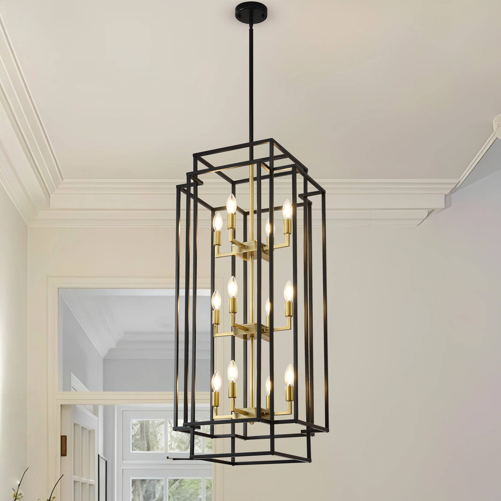 Front. RYHNUYNE - 12-Light Lantern Tiered Pendant Light Fixtures,Black Farmhouse Chandelier for Kitchen Island,Dining Room Light Fixture O - Black.