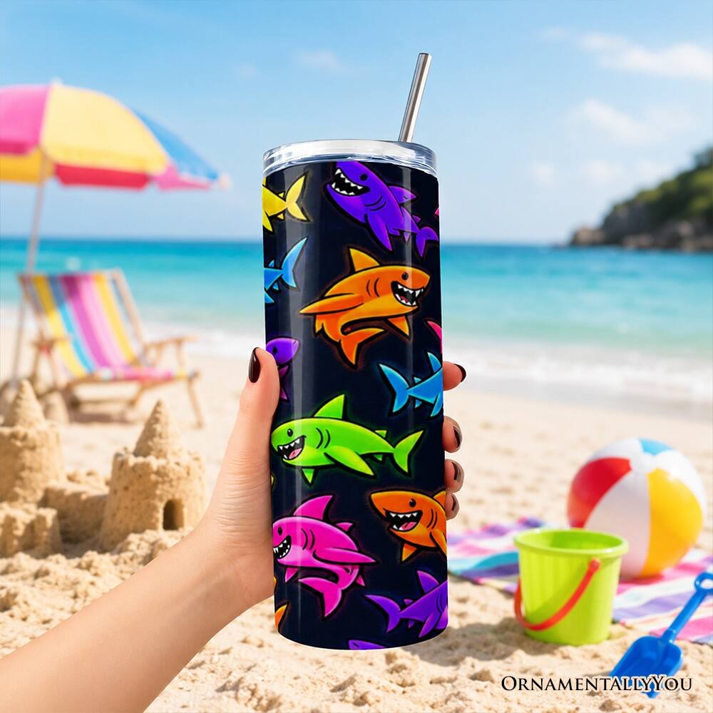 Back. OrnamentallyYou - Neon Cartoon Shark Pattern 20oz Tumbler With Lid and Stainless Steel Straw - Multicolored.