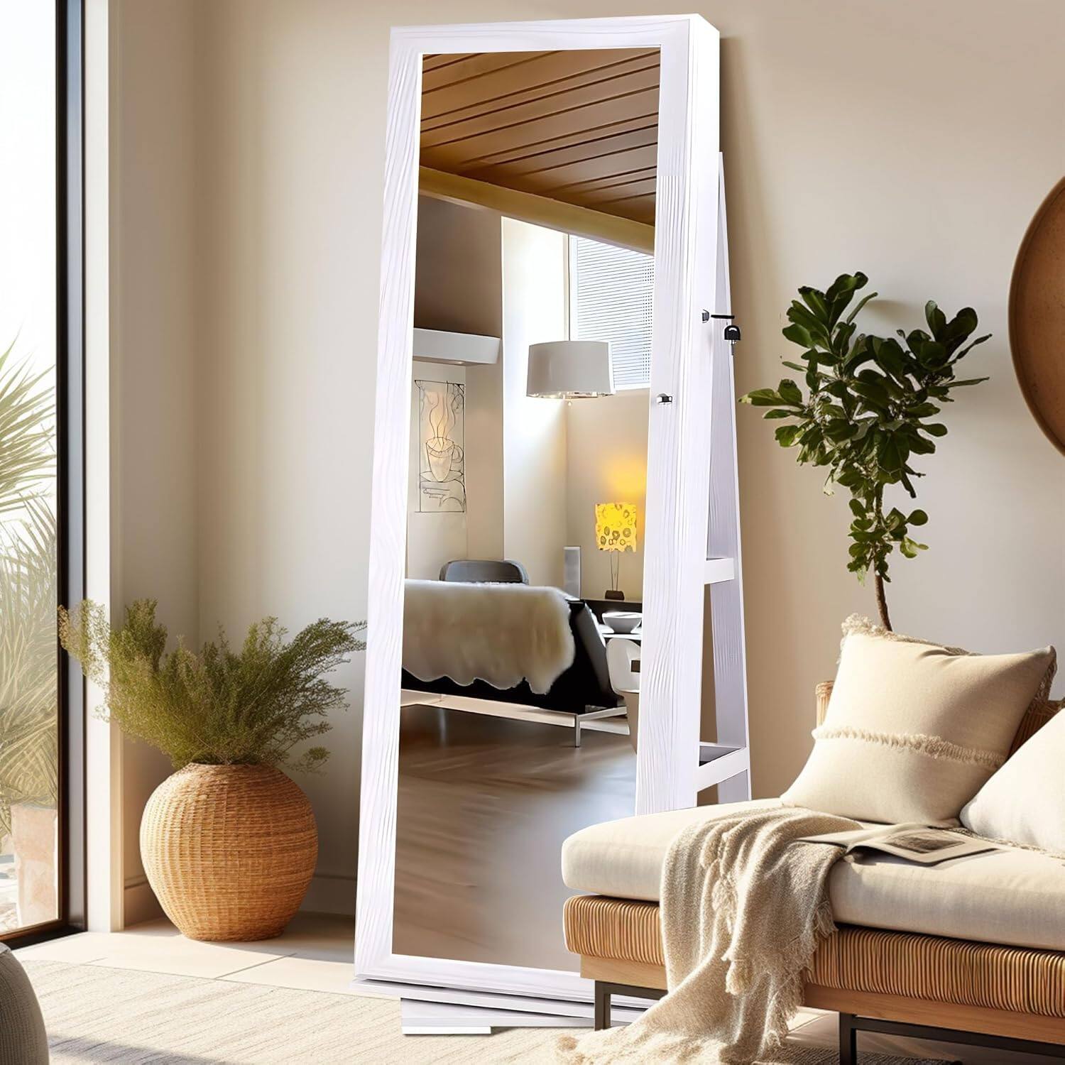 Alt View 3. JUJABU - White 360° Swivel Jewelry Cabinet Organizers with Full Length Mirror Best Gift for Girls - White.