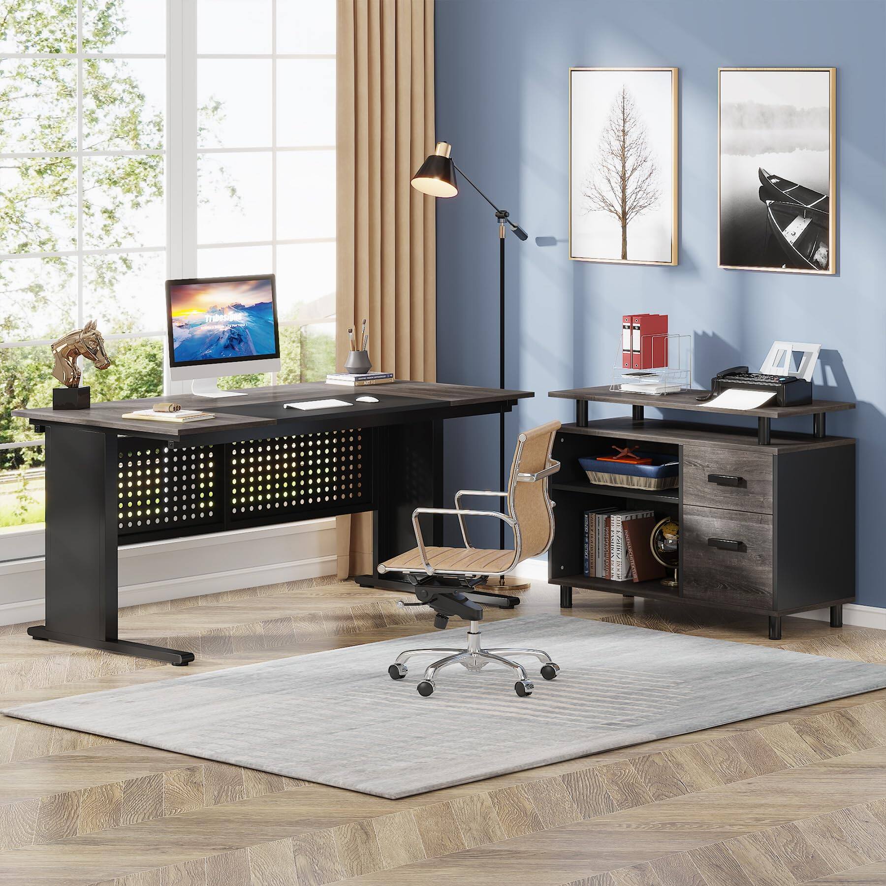 Back. Tribesigns - 63 Inch Executive Desk with File Cabinet, L Shaped Office Desk with Drawers and Storage Shelves, Business Furniture Set - Gray and Black.