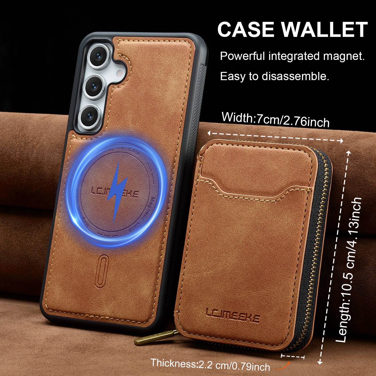CASE WALLET  
Powerful integrated magnet.  
Easy to disassemble.  

Width: 7 cm / 2.76 inch  
Length: 10.5 cm / 4.13 inch  
Thickness: 2.2 cm / 0.79 inch