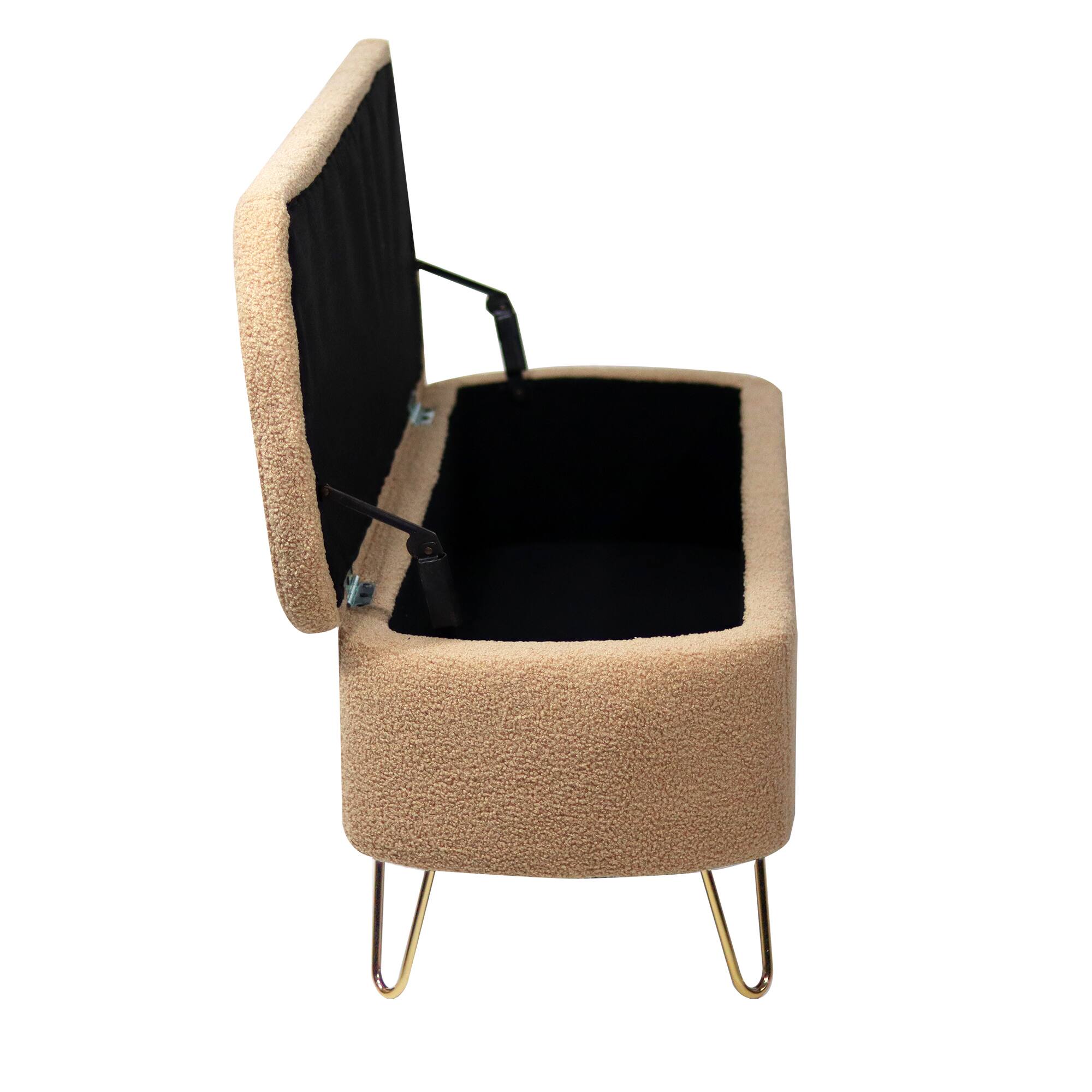 Left. Lirago - 39" W Dressing Chair Storage Bench - Faux Fur Padded Upholstered with Gold Legs - Brown.