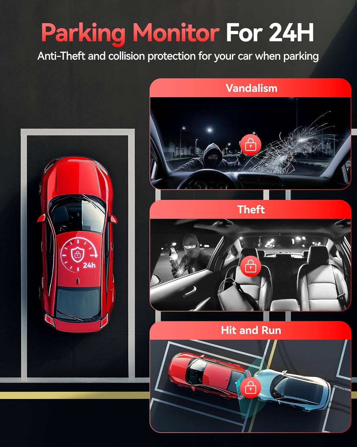 Parking Monitor For 24H  
Anti-Theft and collision protection for your car when parking  

Vandalism  
Theft  
Hit and Run